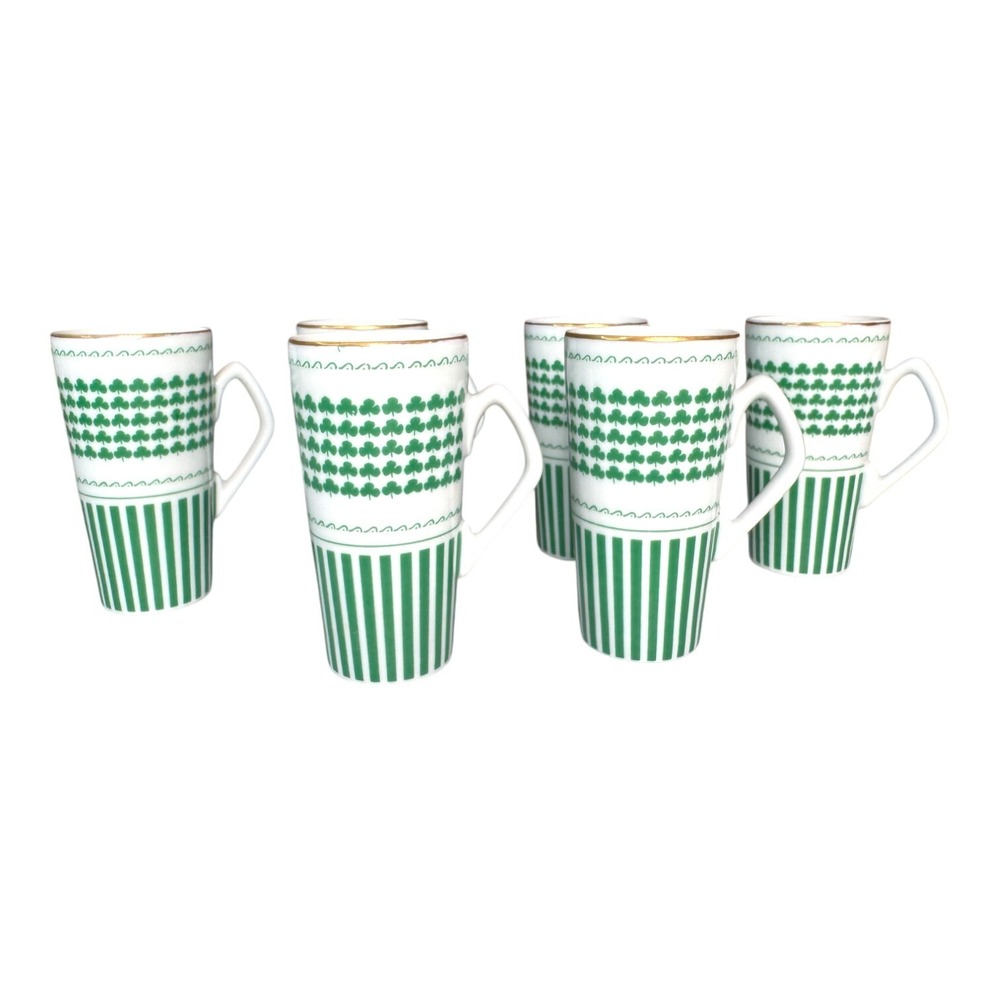 6 Demitasse Tea Cups Neiman‎ Marcus Japan 1970's Shamrock Clover Green White EUC